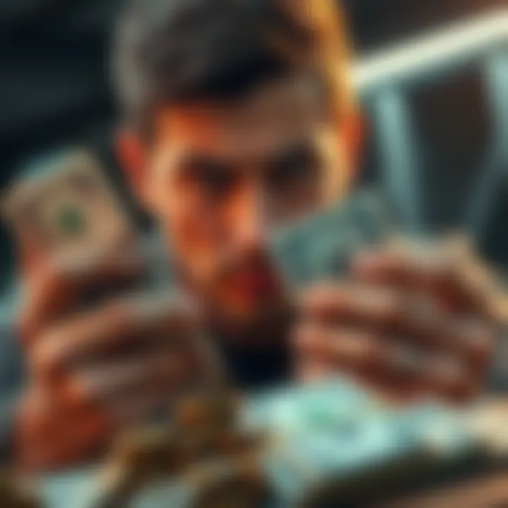 A person with a disappointed expression holding cash, showing dissatisfaction with a low payout amount, surrounded by bills and coins