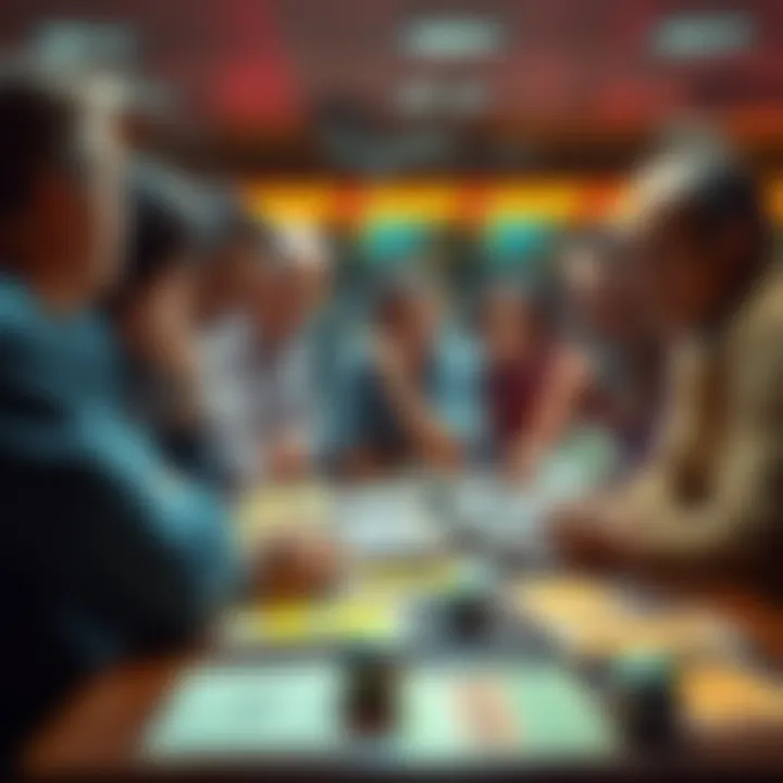 A group of disappointed Arizona Lottery players discussing their losses, with scratch-off tickets and lottery entries visible on a table