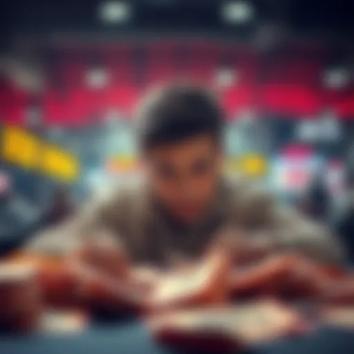 A person sits at a table surrounded by losing betting slips, looking disappointed and considering giving up on betting.