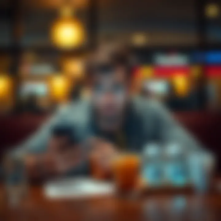 A person with a frustrated expression holding a smartphone while sitting at a table with betting papers and a drink