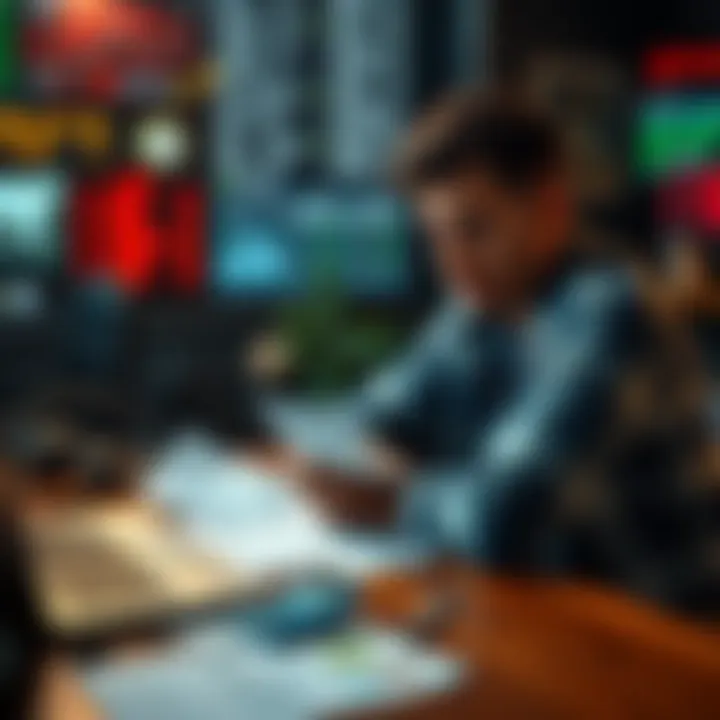 Frustrated bettor looking at sports betting slips A person sitting at a table, looking upset while reviewing multiple sports betting slips, with a calculator and a laptop open, showing graphs and betting stats.