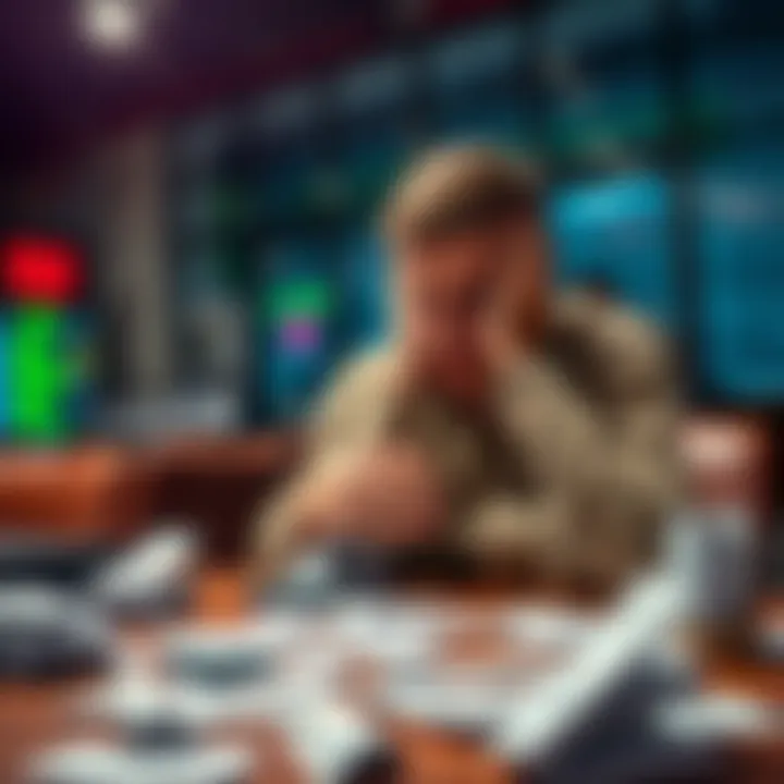 A frustrated bettor sits at a table with betting slips scattered around, looking disheartened after recent losses.