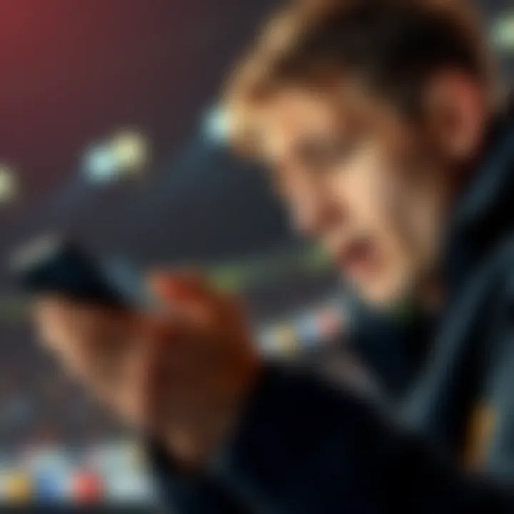A bettor looks frustrated while using a live betting app, showing a phone screen with odds changing rapidly. They appear anxious, highlighting the tension of the betting experience.