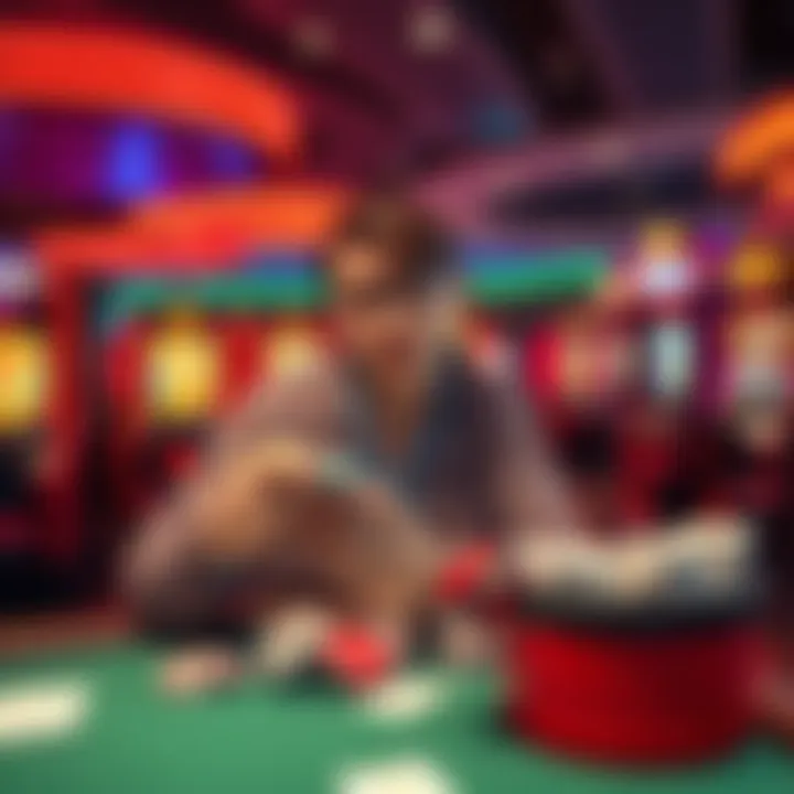 A person looking disappointed while checking their betting app at a casino table, surrounded by gaming machines and betting slips