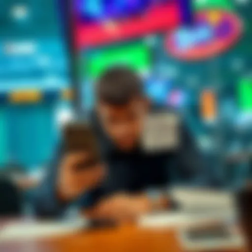 A frustrated BetMGM customer holding a phone in one hand and a crumpled betting slip in the other, looking upset at a desk