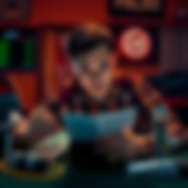 Frustrated Bettor Reviewing Bets A person looking disappointed while checking their betting slips and a calculator, surrounded by betting-themed items