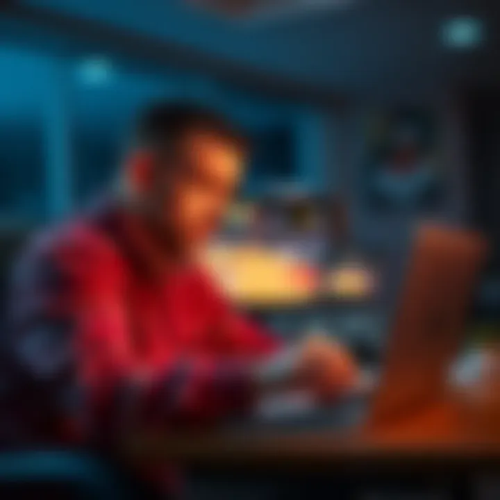 Frustrated bettor watching game highlights A disappointed sports bettor looking at game highlights on a laptop, showing the moment a key player is missing from action, symbolizing a loss of $17,000 due to just two points.