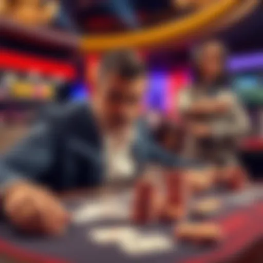 A player looks frustrated at a blackjack table, with cards and chips spread out. A dealer stands nearby, appearing confident with winning hands.