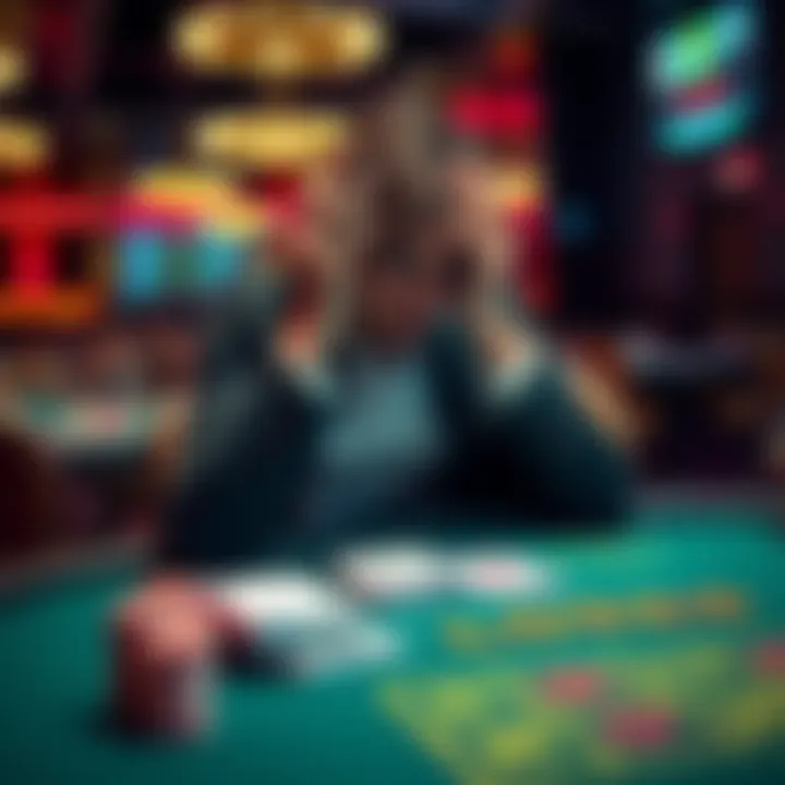 A person looking disappointed at a blackjack table, holding their head in their hands after several losses.