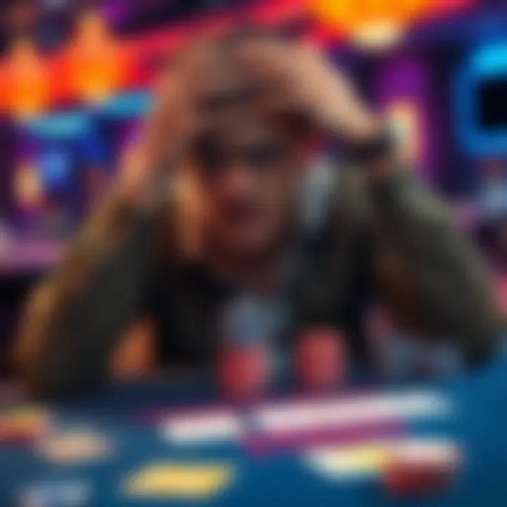 A player looks stressed at a blackjack table with cards and chips. They're reflecting on their recent losses while holding their head in disappointment.