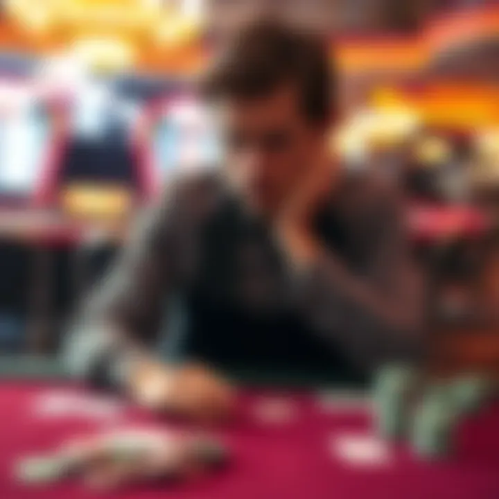 A person looking disappointed while sitting at a casino table with cards and chips around, reflecting on recent gambling losses.