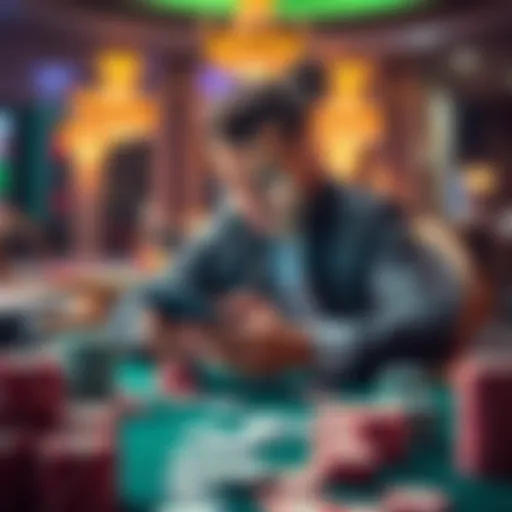 A frustrated player sitting at a casino table looking at their phone while surrounded by casino chips and cards