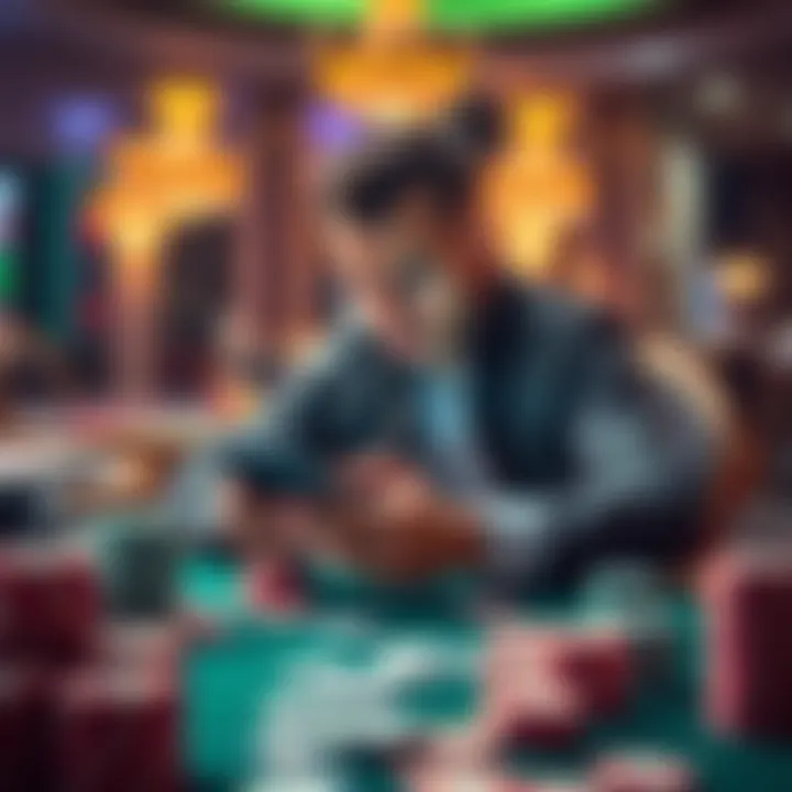 A frustrated player sitting at a casino table looking at their phone while surrounded by casino chips and cards