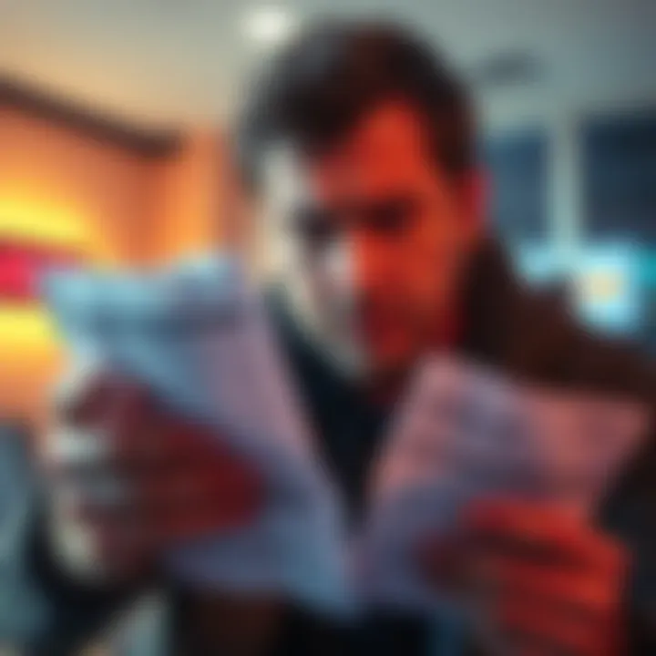 Frustrated customer looking at a bank statement A frustrated person examining a bank statement with a concerned expression, reflecting on a delayed payment issue.