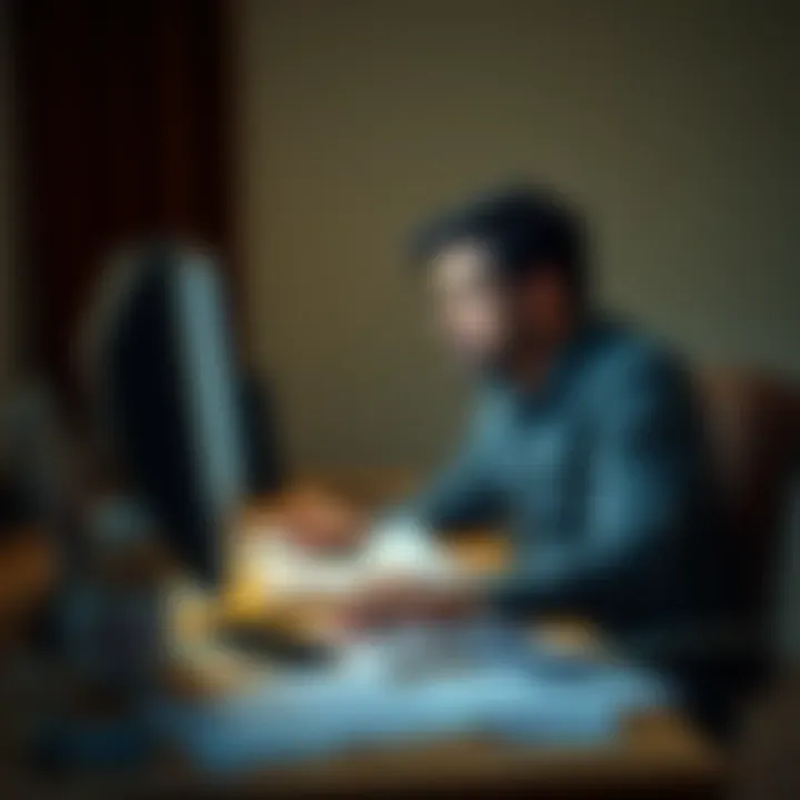 A frustrated person sitting at a desk, looking at a computer screen with a confused expression. Papers and a phone are scattered nearby, showing their struggle with email verification.