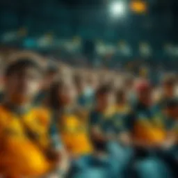 Fans showing frustration with displeased expressions while wearing team jerseys in a stadium filled with empty seats