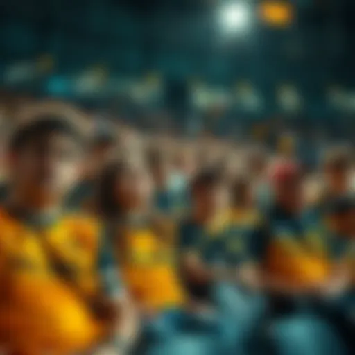 Fans showing frustration with displeased expressions while wearing team jerseys in a stadium filled with empty seats