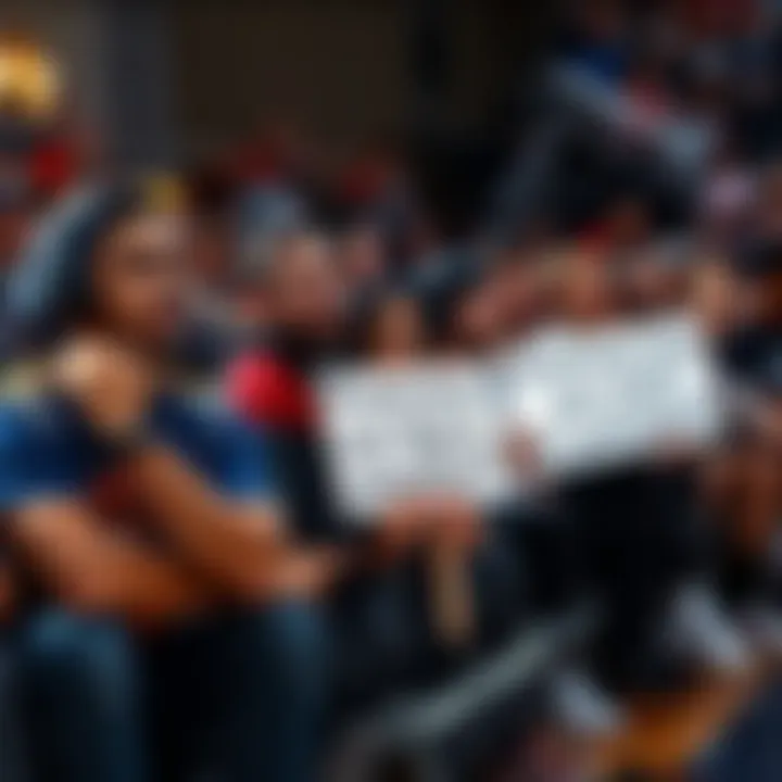 Frustrated fans watching a game A group of fans showing frustration during a basketball game, some with signs questioning a player's commitment
