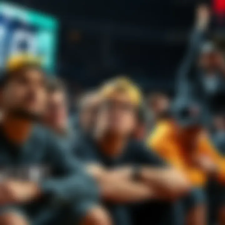 A group of basketball fans looking concerned while watching a game, expressing frustration over player statistics.