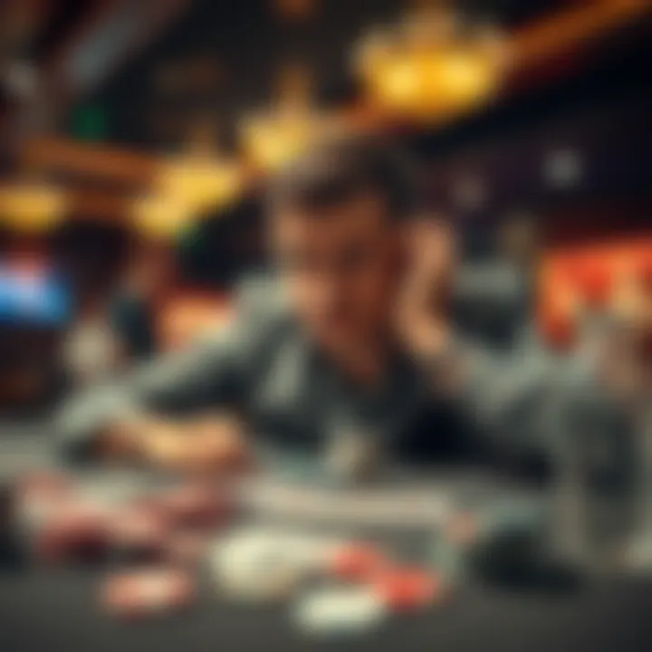 A person looking upset while sitting at a gambling table with chips and cards scattered around, indicating a recent loss