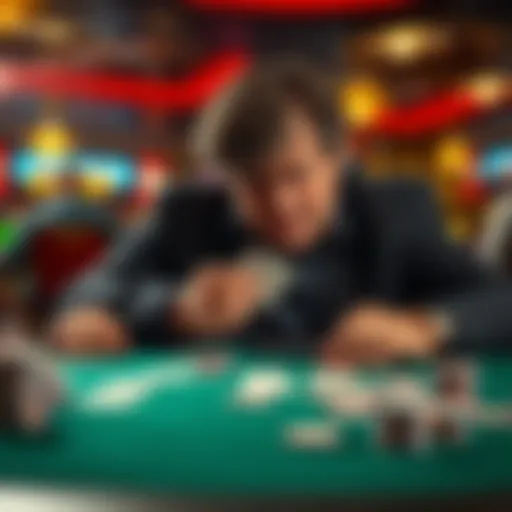 A tired player at a gambling table, showing signs of frustration after a long session, with chips scattered around and cards in hand.