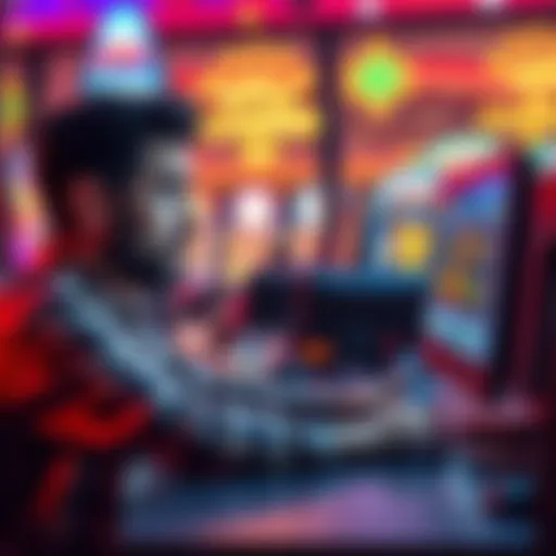 A person looking frustrated while playing online slots on their computer, with a casino-themed background and empty drink beside them.