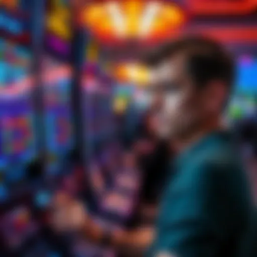 A person looking upset while staring at a slot machine screen showing no wins after several spins.