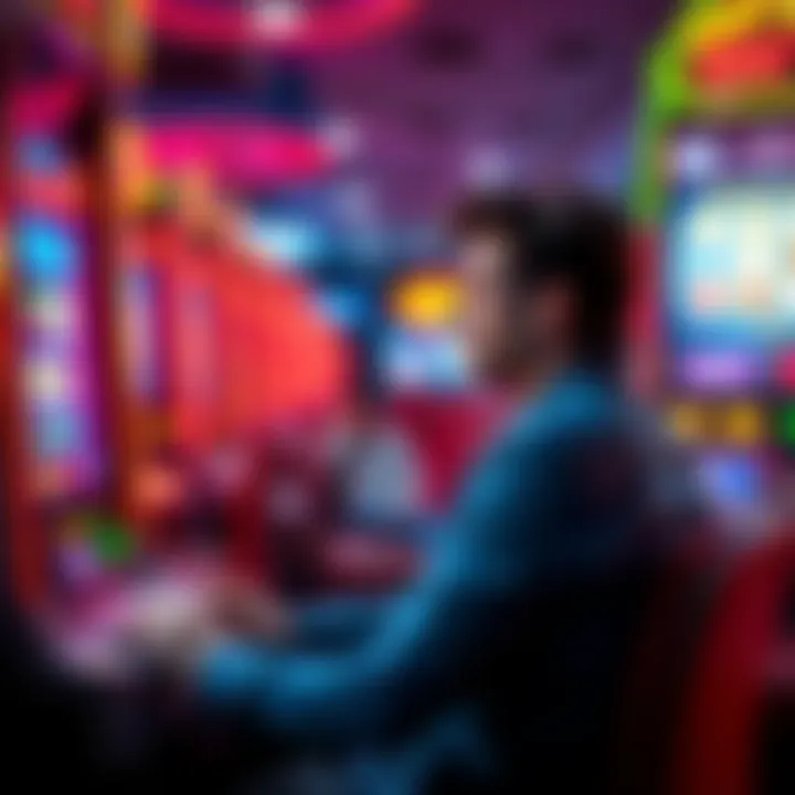 Frustrated gambler at empty slot machine A disappointed player sits at an empty slot machine, looking defeated after losing all their money.
