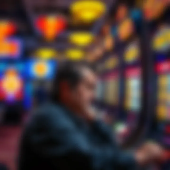 A person looking disappointed while playing a slot machine, with jackpot lights flashing in the background, signaling a win that feels unfair