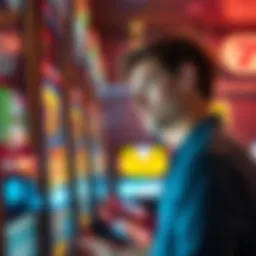 A frustrated 33-year-old gambler looks at a slot machine, showing signs of disappointment after not winning a max jackpot.