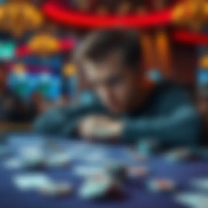 A person looks frustrated at a gambling table, with cards and chips scattered around. The expression shows disappointment over losses.