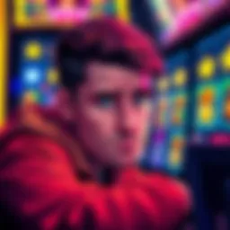 A player looking at a game screen with a disappointed expression, surrounded by symbols of near wins like coins and stars.