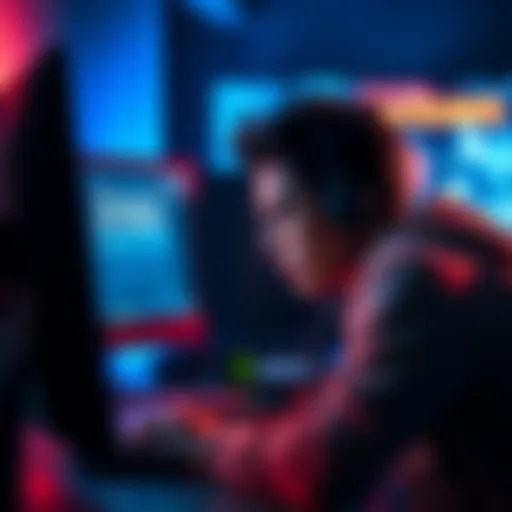 A person looking frustrated while playing computer games with a message on the screen about region restrictions.