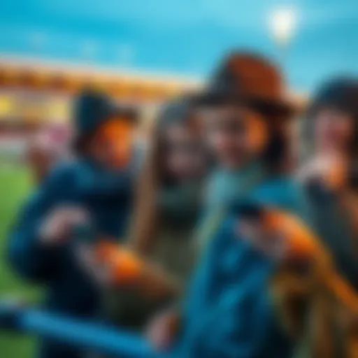 A group of horse racing fans looking frustrated while using a betting app on their phones with a horse race in the background