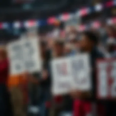 A group of basketball fans showing disappointment at a game, holding signs expressing their discontent with the NBA.