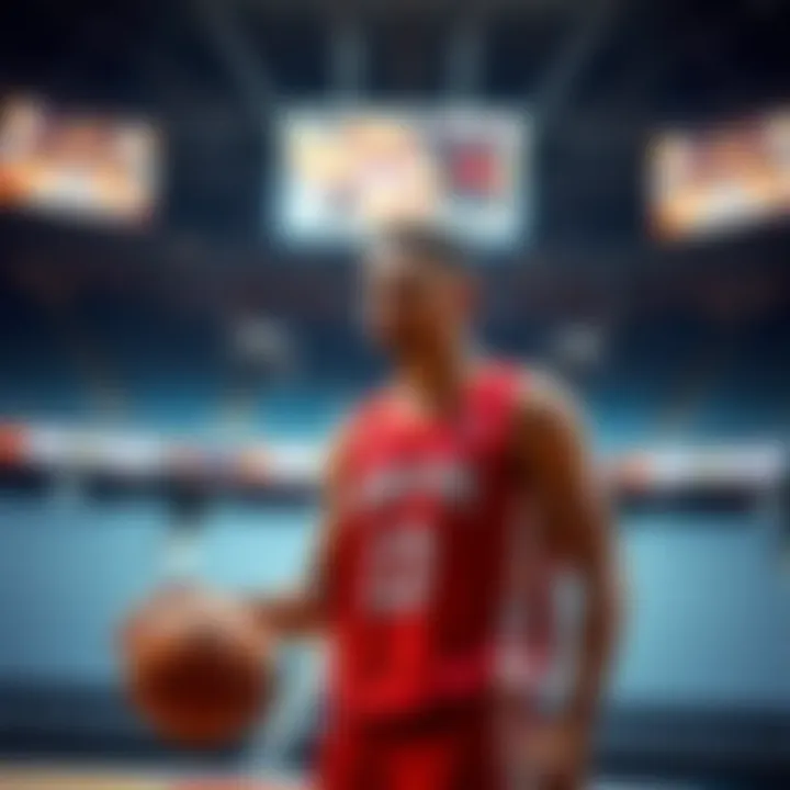 A basketball player looking disappointed after a game, standing in an empty arena with a basketball in hand, showcasing their skills and frustration