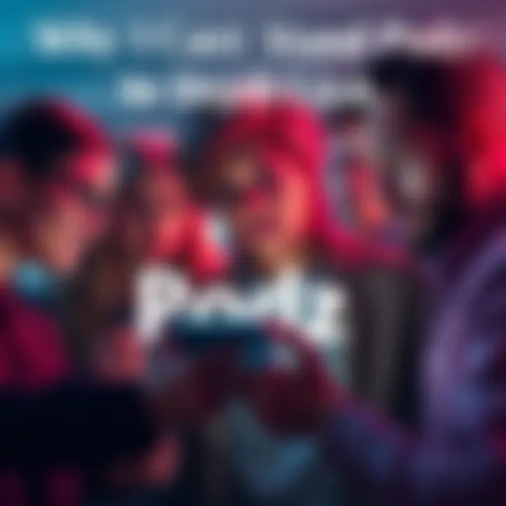 A group of people expressing frustration while looking at a smartphone showing the Podz platform