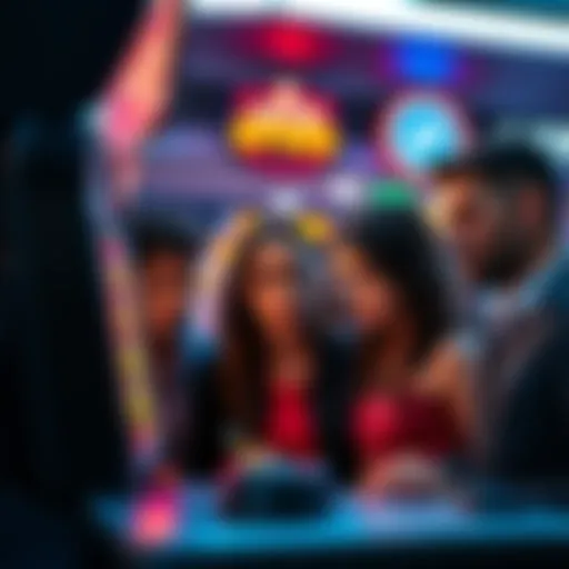A group of people showing frustration while looking at a slot machine that displays limited free spins