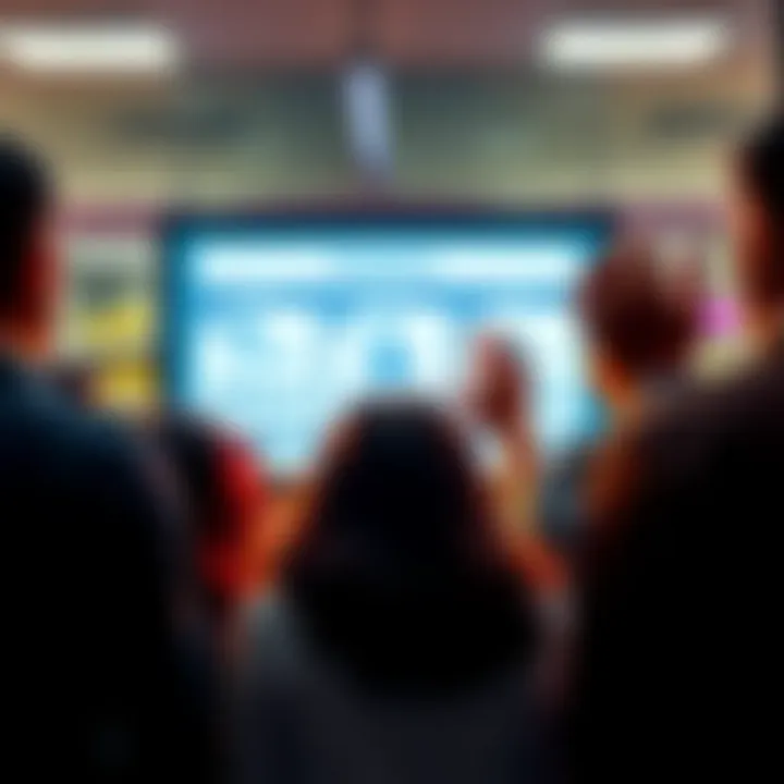 A group of frustrated people looking at a confusing coupon presentation on a screen.