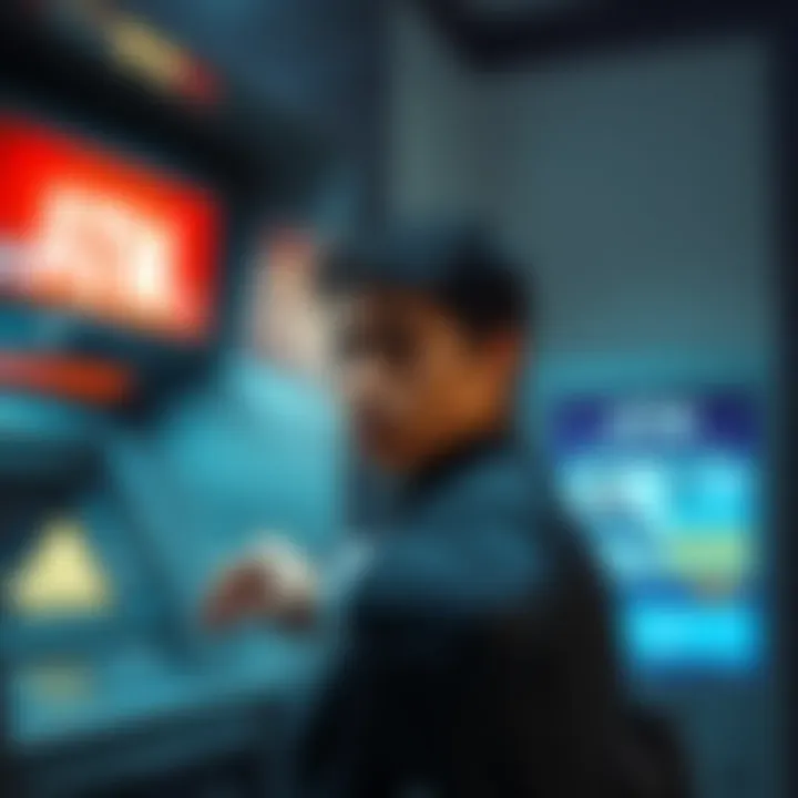 A person looks frustrated while waiting at an ATM, checking their watch as they experience a delayed money withdrawal.