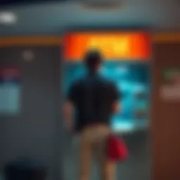 A person stands in front of an ATM looking frustrated, with a travel bag beside them, indicating issues with cashing out while traveling between states.