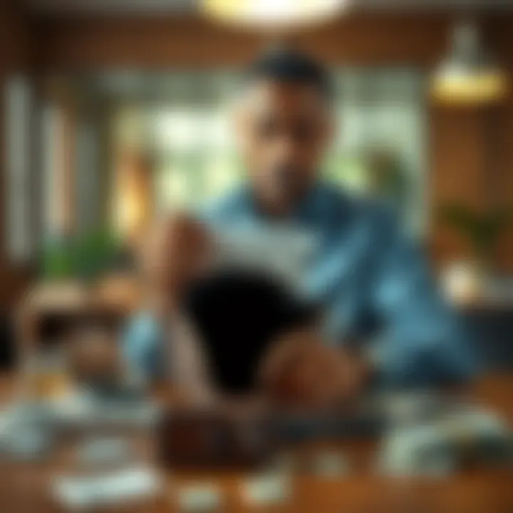 Individual sitting at a table with an empty wallet, looking frustrated while holding a paper with 'Juneteenth Bonus?' written on it, surrounded by bills and essentials