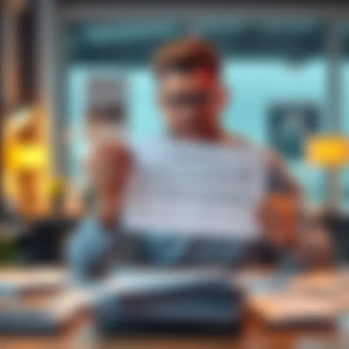 A person with a frustrated expression, holding a cash withdrawal form while sitting at a desk, surrounded by paperwork.