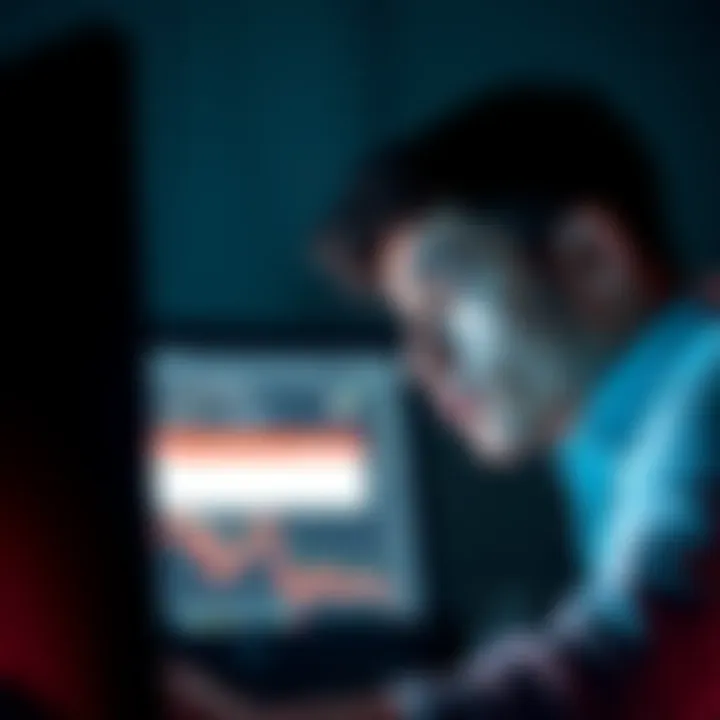 A person with a worried expression staring at a computer, showing a blocked account message on the screen