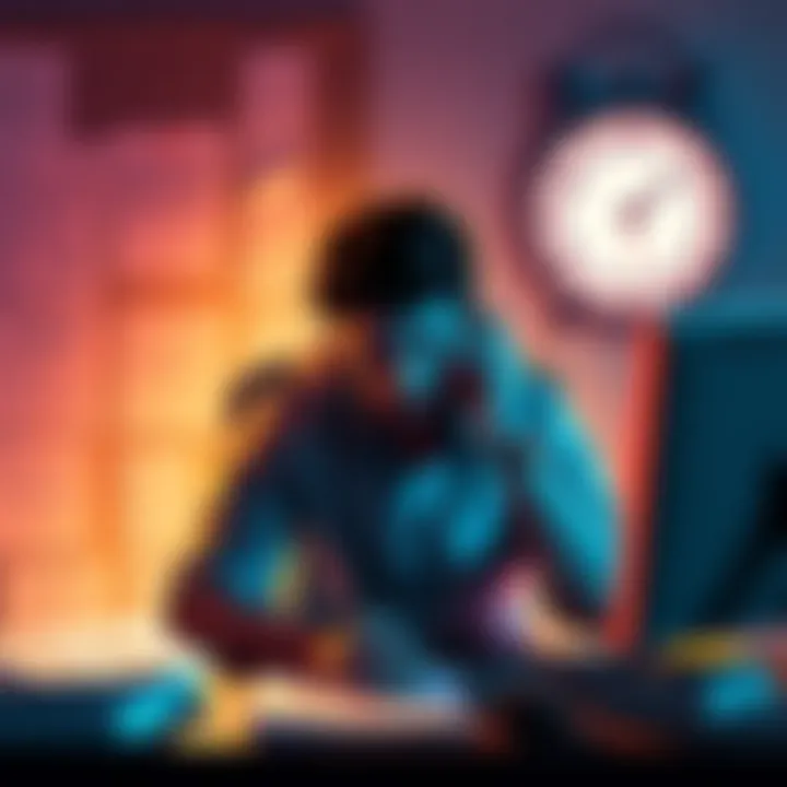 Frustrated person at computer A person looks frustrated while sitting at a computer surrounded by documents and a clock showing time passing, representing long KYC delays.