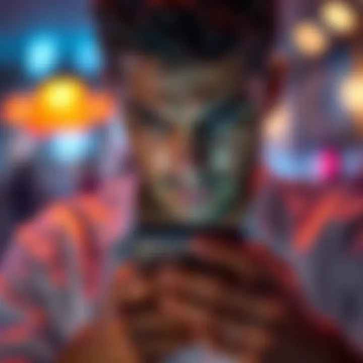 A person shows frustration while looking at a phone with a message indicating content is not available in their location