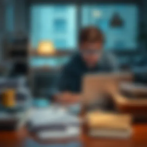 A person looking annoyed while checking their email on a laptop, surrounded by papers and a cluttered desk.