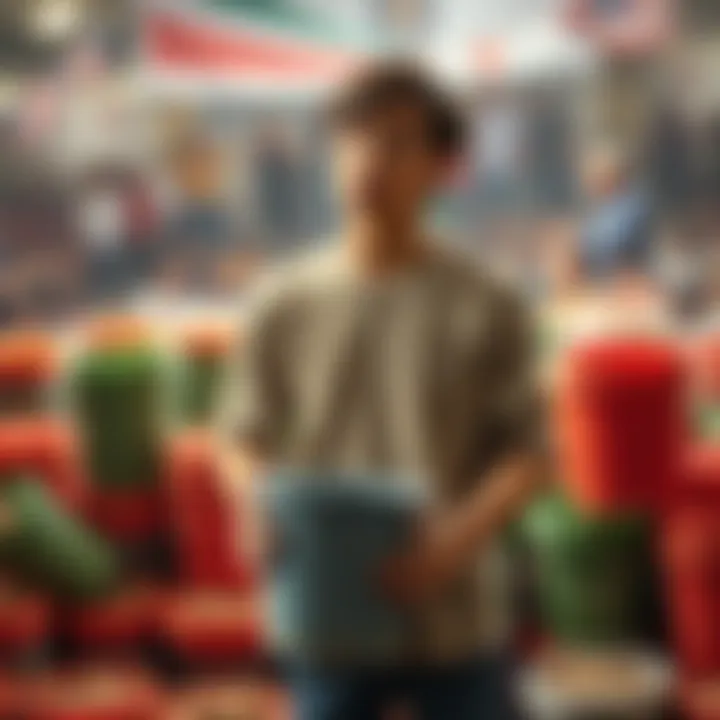 A person stands with an empty bucket, looking frustrated and pondering over being short by one bucket, with a background of filled buckets around them.