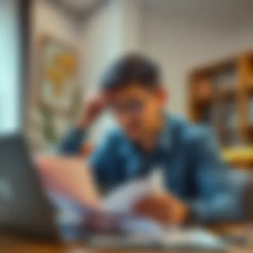 Frustrated person examining finances Individual looking stressed while checking income statements on a laptop, highlighting the frustration with affordability checks, despite strong income.