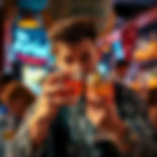 A person with a frustrated expression holding a cocktail in a busy bar setting